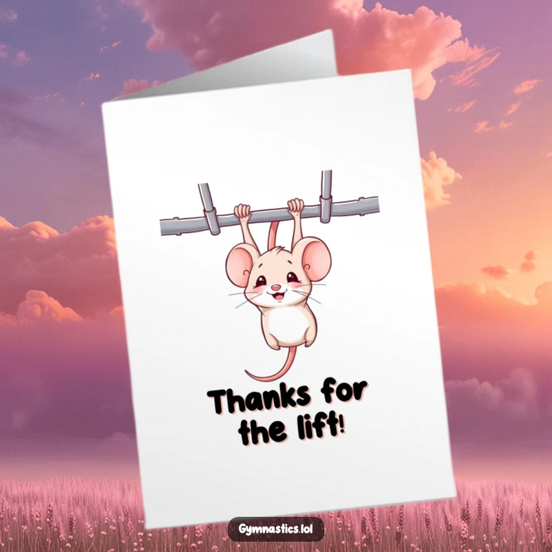 Funny Free Printable Thank You Card: A mischievous mouse smiling upside down while hanging from uneven bars. A humorous DIY gift.