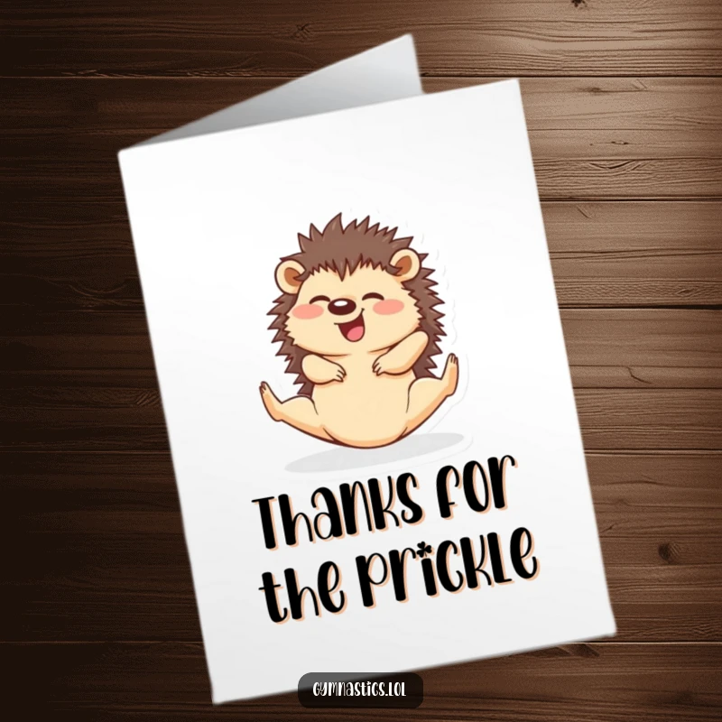 Funny free printable hedgehog in a perfect split with a smile, a downloadable thank you card with flexible charm.