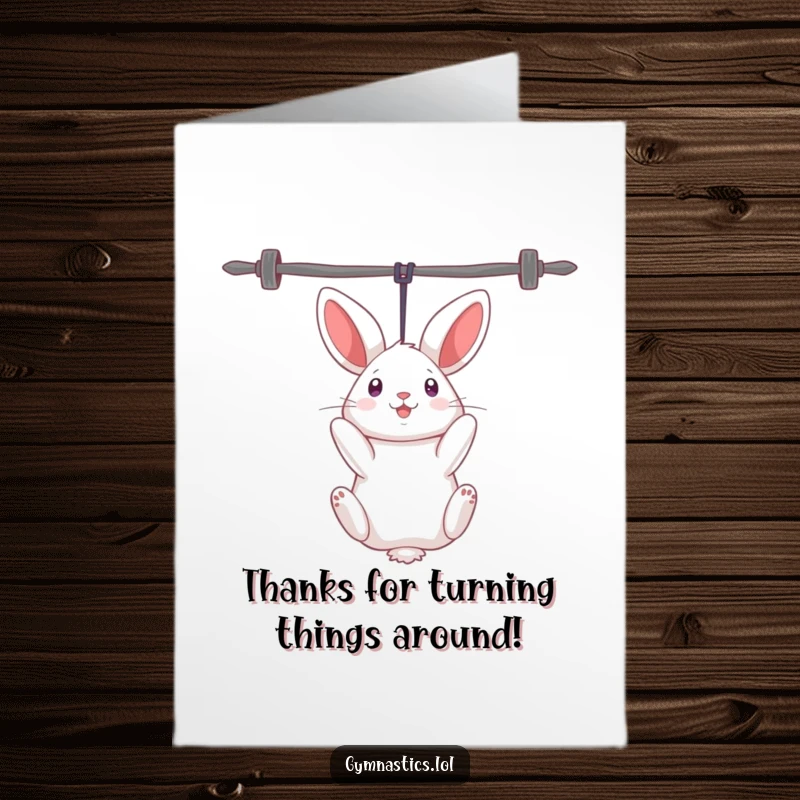 Funny Free Printable Thank You Card: A curious rabbit hanging upside down, conveying heartfelt thanks.