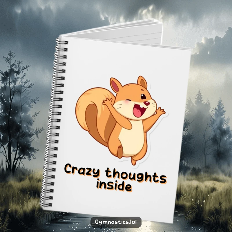 Funny notebook with a playful squirrel mid-somersault, its wide grin inviting you to write.