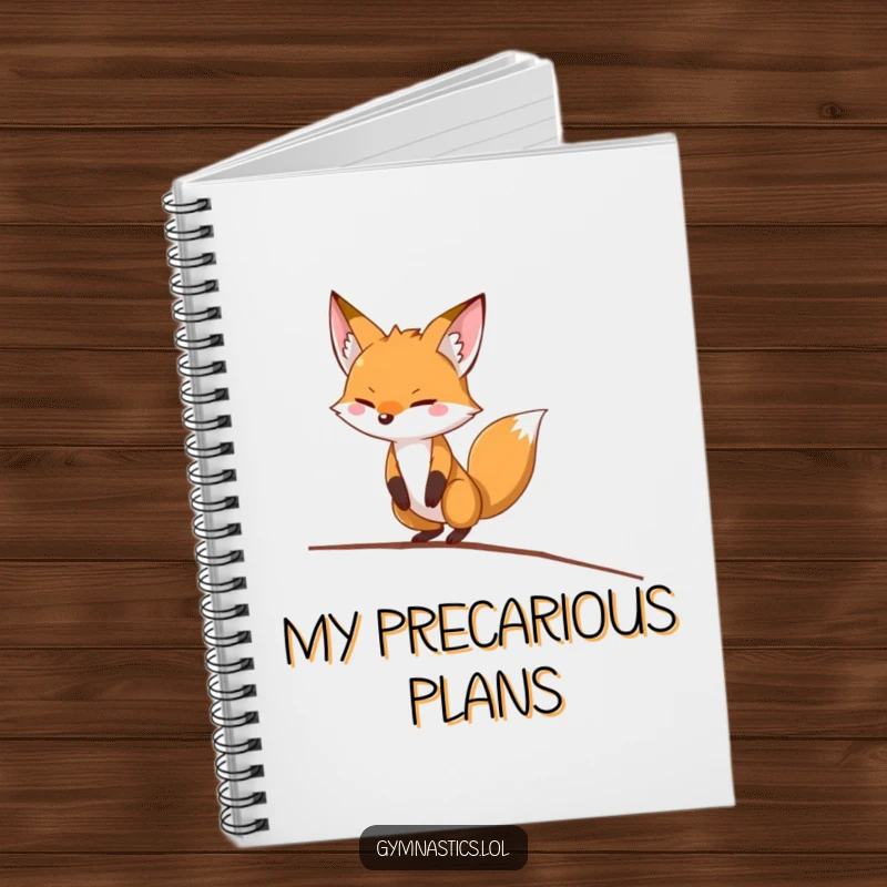 Funny fox notebook depicting a determined fox humorously balancing on a thin balance beam, for capturing notes and ideas.
