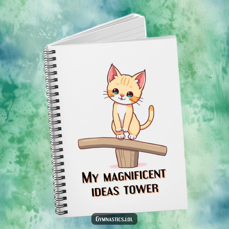 Funny notebook with a kitten balancing on a beam, tail held high, encouraging creative thoughts and lighthearted note-taking.