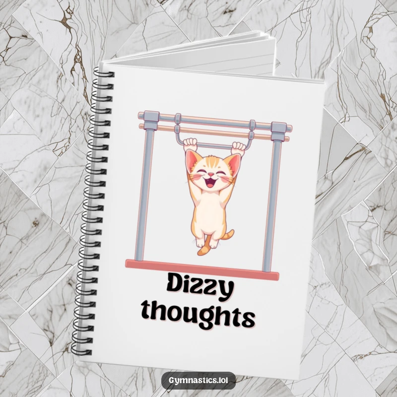Funny kitten uneven bars notebook with a giggling kitten hanging upside down, great for planning and brainstorming with a humorous and playful twist.