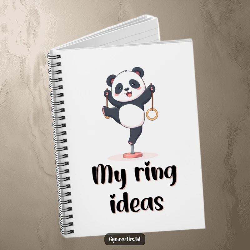 Funny panda gymnastics notebook, showing a panda hilariously attempting a wobbly handstand on tiny rings, ready for your determined thoughts.