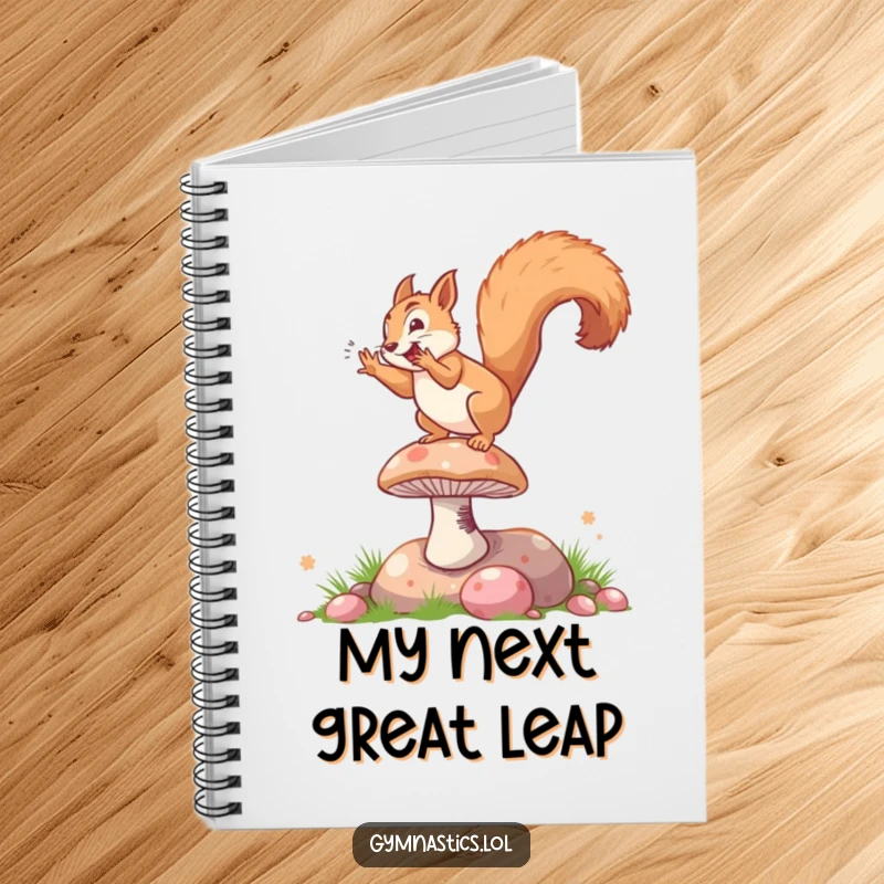 Funny notebook cover with a squirrel executing a somersault on a springy mushroom, inspiring creativity and lightheartedness.