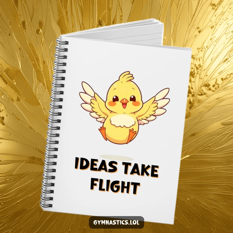 Funny chick landing smoothly with wings spread, illustrated on a notebook cover for jotting down notes.
