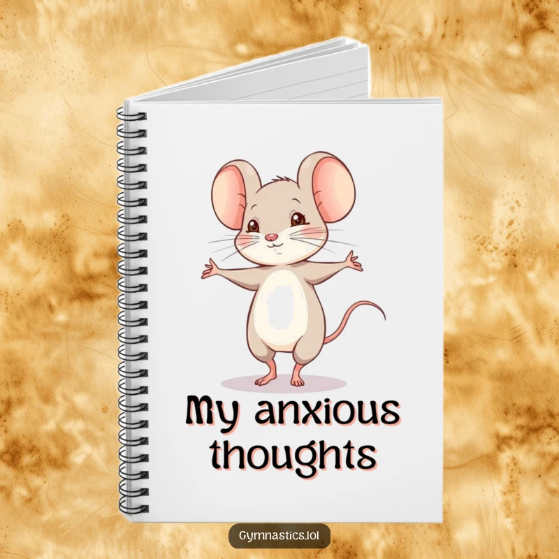 Funny shy mouse doing a shaky pirouette on a notebook, a cute and humorous journal for writers and artists.