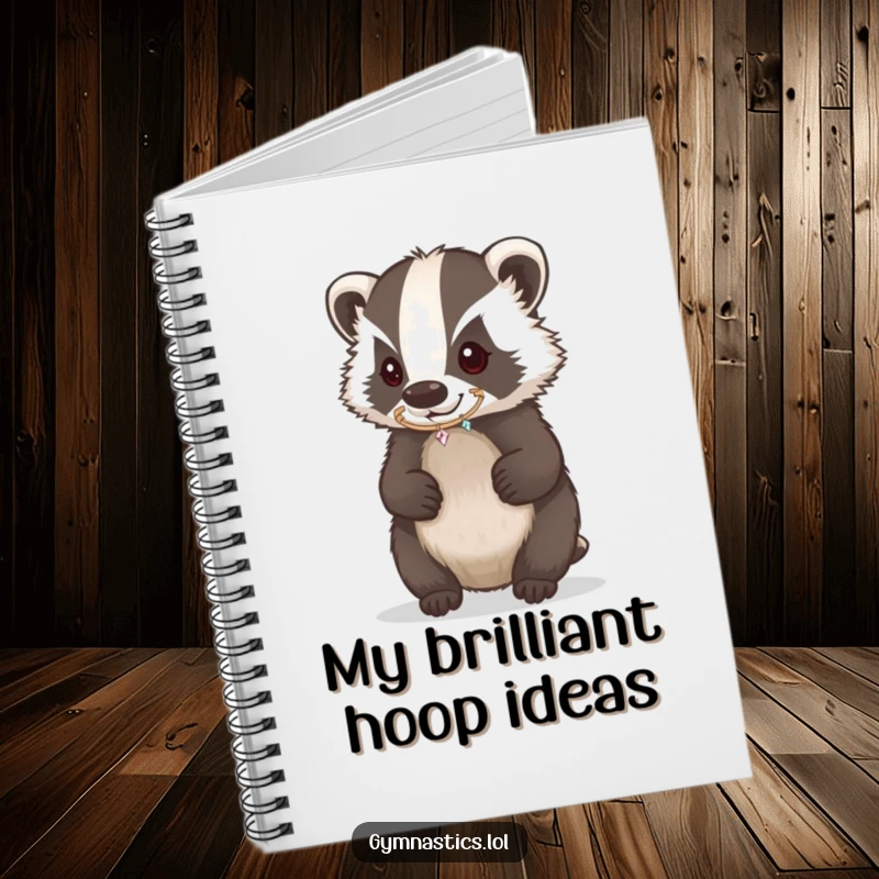 Funny Badger Notebook with a cover showing a determined badger balancing a hoop on its nose, ideal for writing down focused ideas.