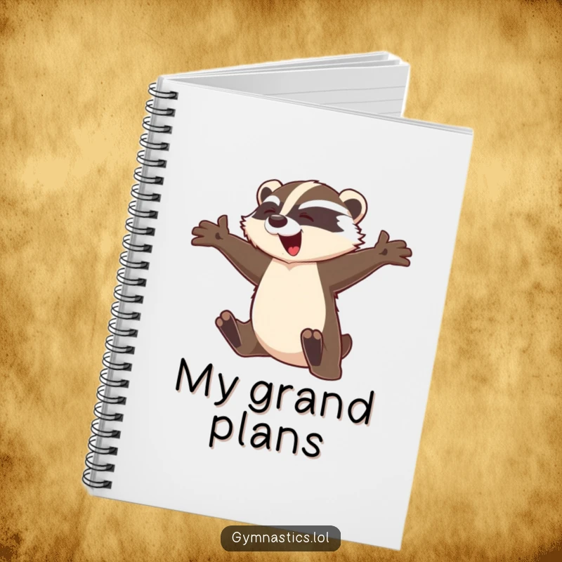 Funny badger notebook cover featuring a graceful badger leaping mid-flight with arms outstretched, encouraging expressive and fun note-taking.