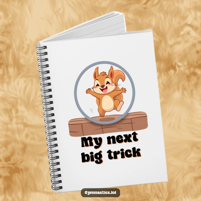 Funny squirrel notebook cover featuring a determined squirrel leaping through a hoop with a grin, encouraging ambitious and fun note-taking.