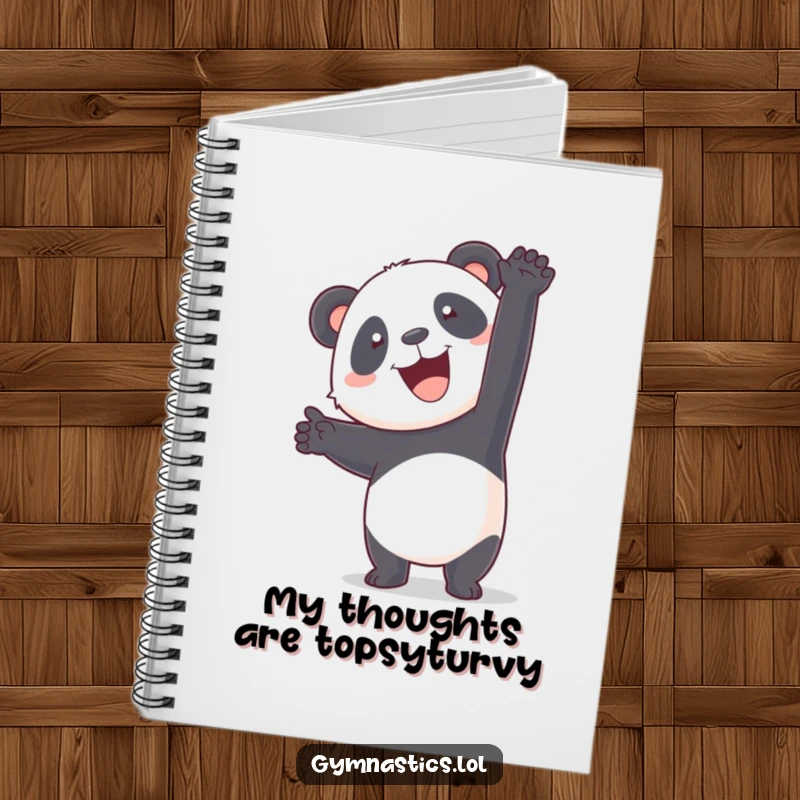 Funny panda attempting a handstand on a notebook cover, ideal for journaling ambitious thoughts.