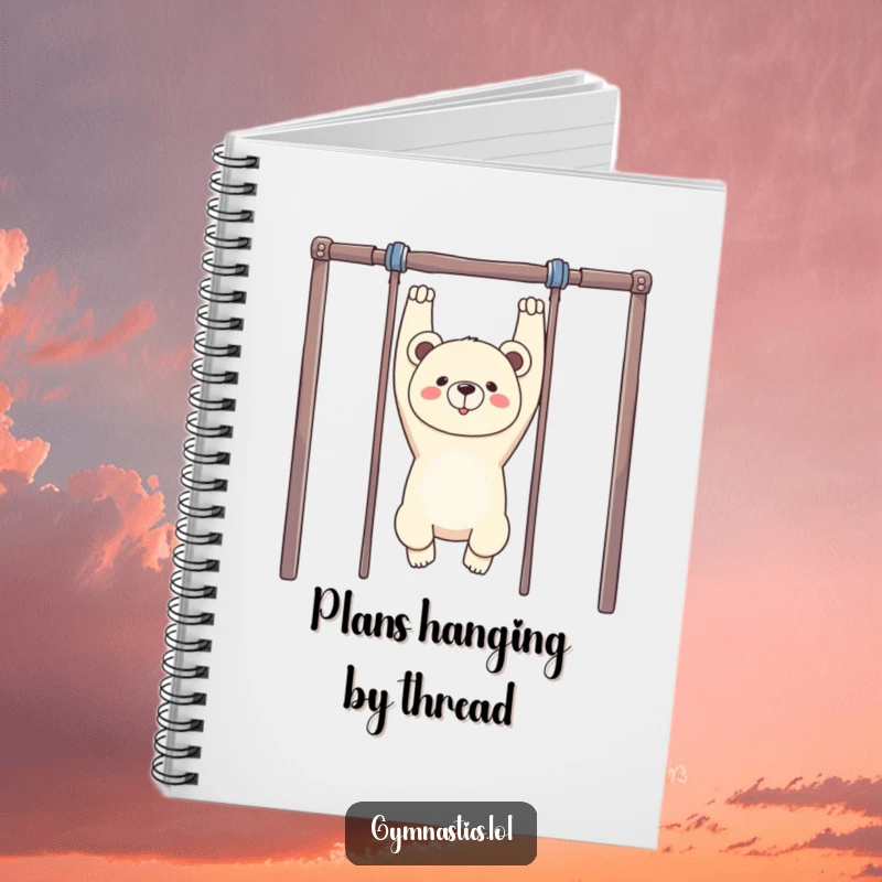 Funny Bear Gym Notebook: A proud bear hangs upside down from uneven bars, inspiring humorous and determined note-taking.