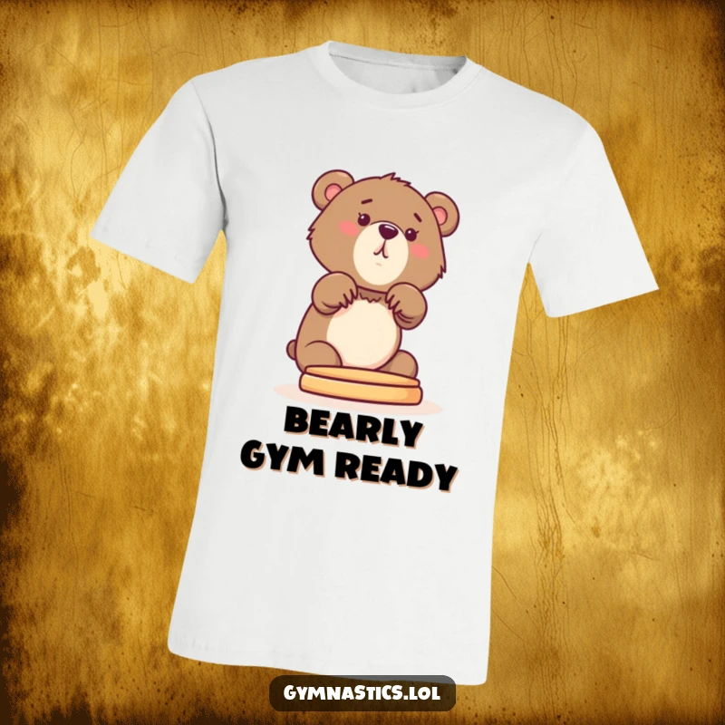 Funny Bear Cub T-Shirt showing a curious cub stretching its front paws onto a pommel horse, ideal for a funny gift.