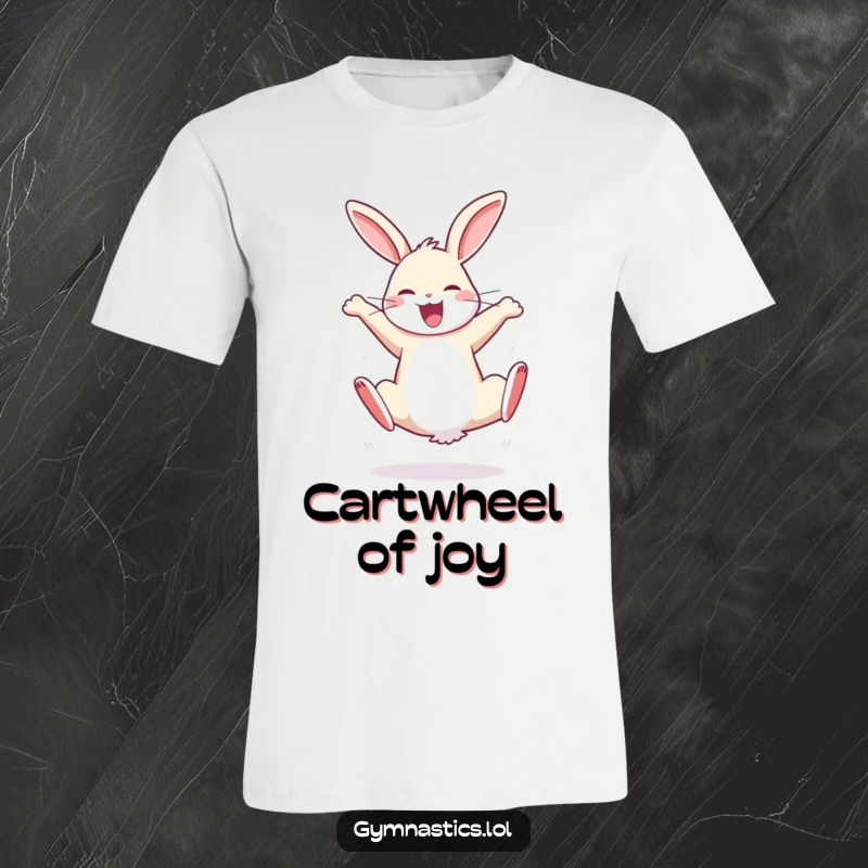 Funny t-shirt showcasing a bouncy rabbit performing a cartwheel with sheer joy, embodying playful exuberance and infectious happiness.