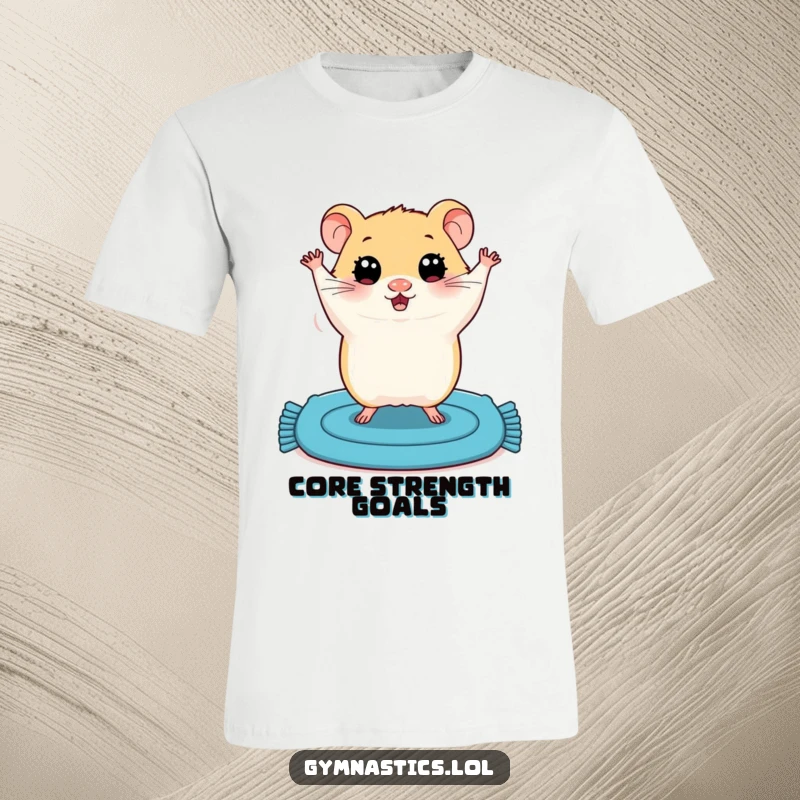 Funny t-shirt with a plump, wide-eyed hamster attempting a wobbly handstand on a small blue mat, expressing comical effort.