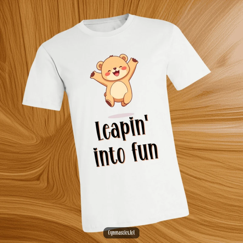 Funny t-shirt depicting a joyful, round bear cub performing a graceful leap in the air, full of playful energy.
