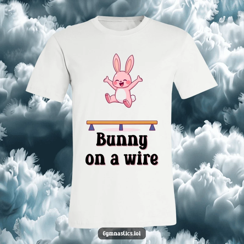 Funny bunny balance beam t-shirt showing a pink bunny leaping high in the air with arms outstretched, capturing humorous athletic action.