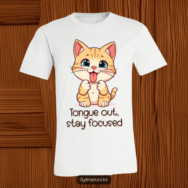 Funny Cat Tongue Out T-Shirt: A curious cat hilariously sticks its tongue out while holding a yoga pose, perfect for cat lovers.