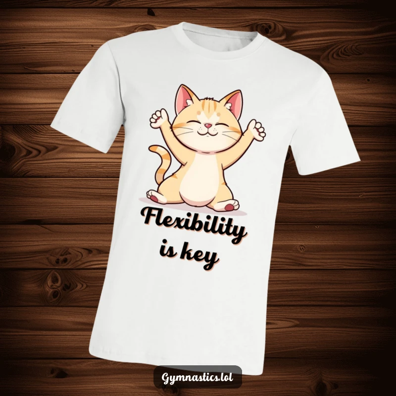 Funny cat contorted into a creative yoga pose, printed on a t-shirt for a humorous workout.