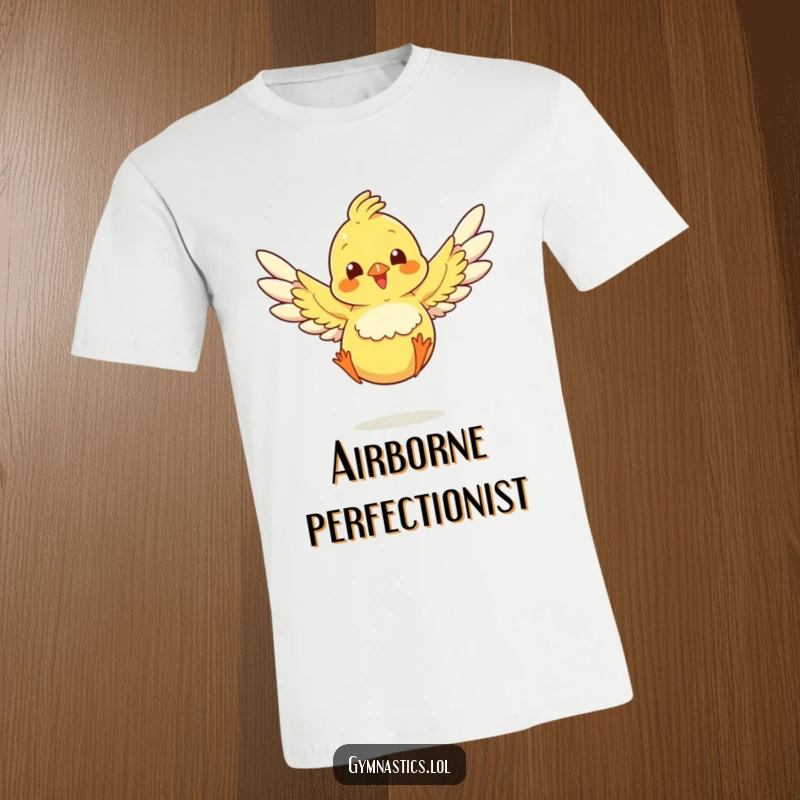 Funny chick in mid-air, wings spread, successfully landing a jump on a t-shirt, conveying humor and effort.