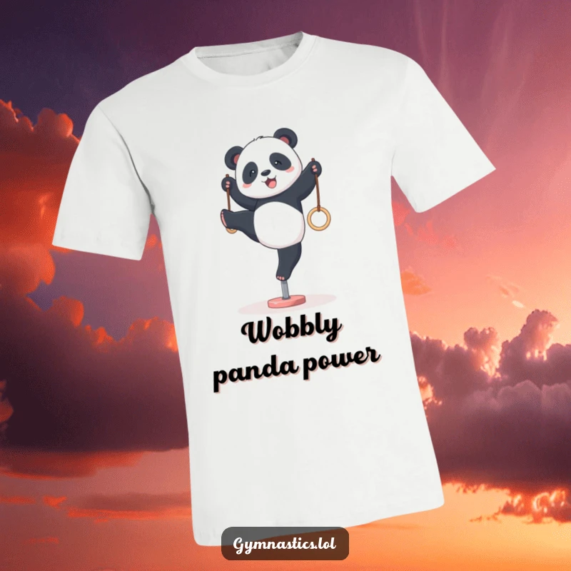 Funny panda gymnastics t-shirt, depicting a panda wobbling precariously while trying a handstand on gymnastics rings.