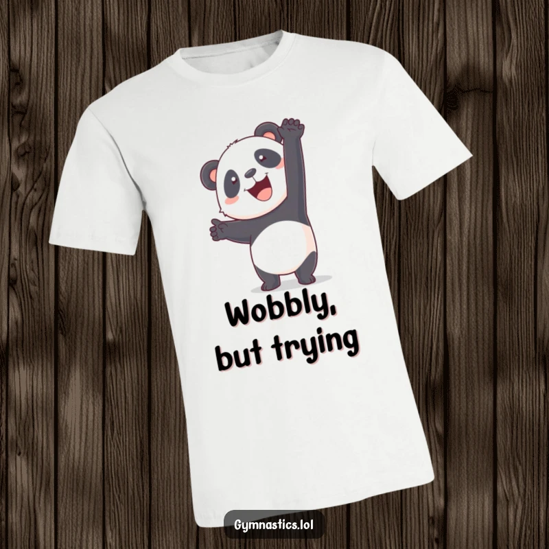 Funny panda trying to balance in a wobbly handstand, printed on a t-shirt for humorous appeal.
