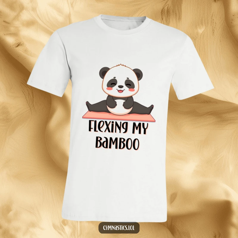 Funny panda t-shirt featuring a contented panda cub attempting to do a split on a yoga mat, showing cute flexibility.