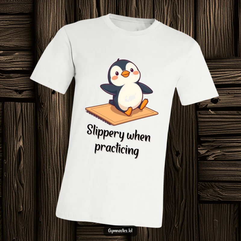Funny t-shirt print of a joyful penguin performing a smooth slide across a mat, demonstrating playful gymnastic skill.