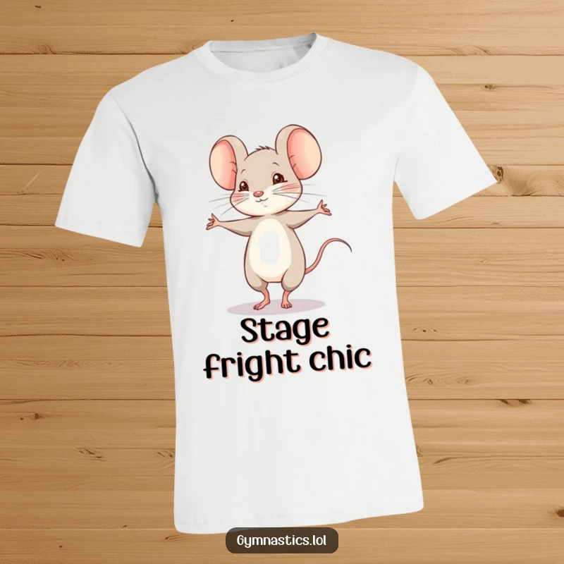 Funny shy mouse attempting a shaky pirouette in a t-shirt, capturing the adorable awkwardness of a dancing rodent.