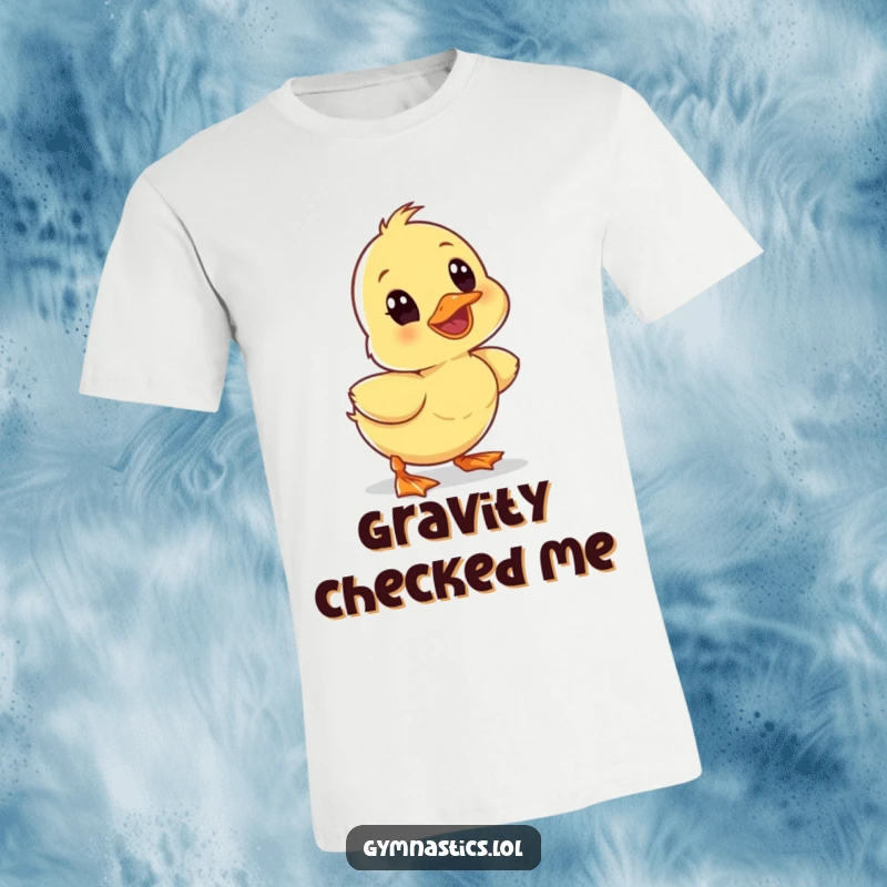 Funny wobbly duckling tumbling forward with a surprised expression, printed on a t-shirt, embodying comical mishaps.