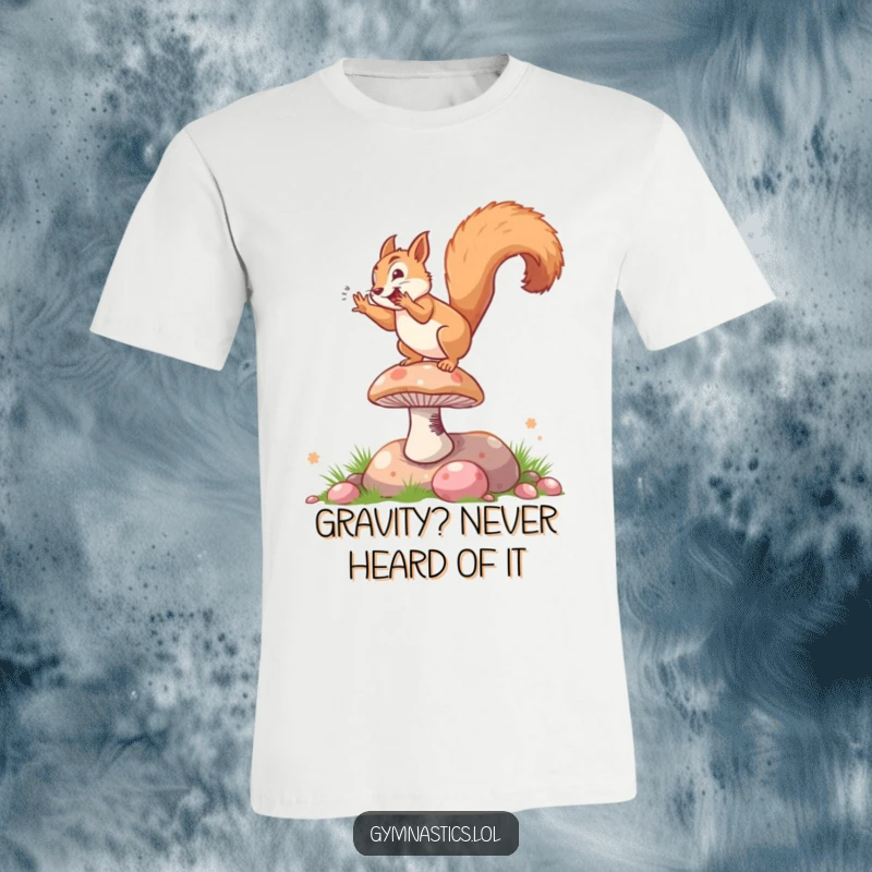 Funny t-shirt print of an energetic squirrel executing a perfect somersault on a springy mushroom, radiating happiness.