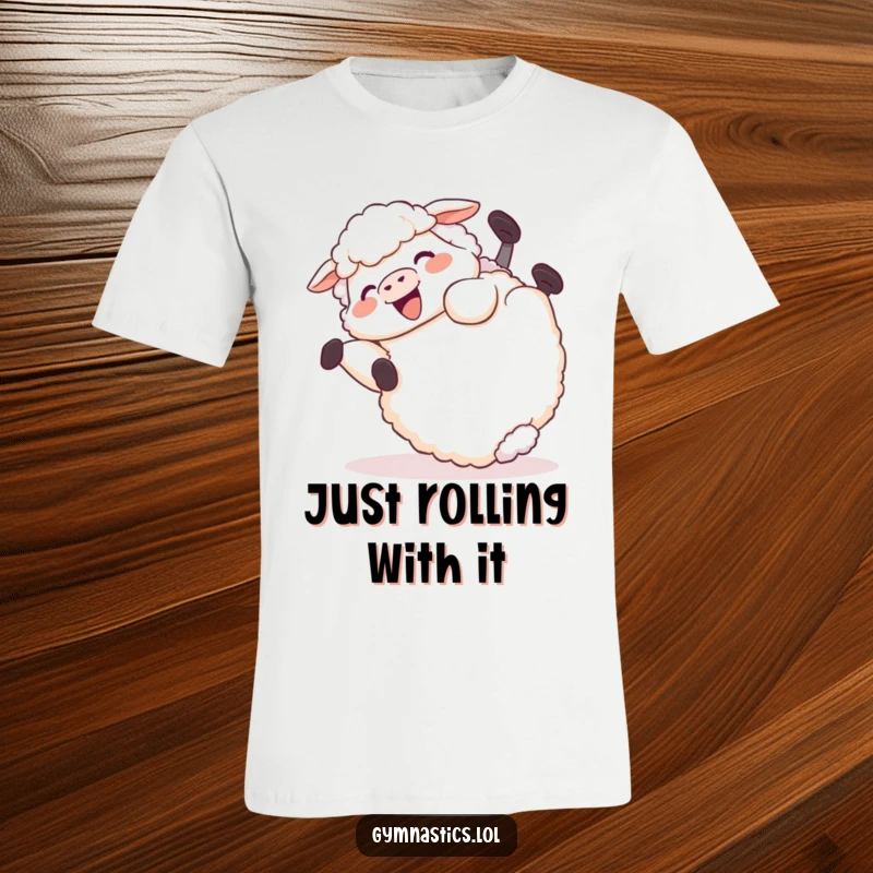 Funny T-Shirt: A giggling sheep is shown mid-tumble, rolling energetically with a look of pure, contagious joy on its face.