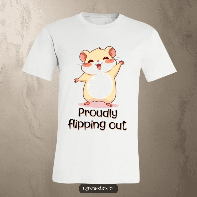 Funny chubby hamster cartwheel t-shirt, depicted mid-cartwheel with a proud, beaming smile, full of energetic joy.