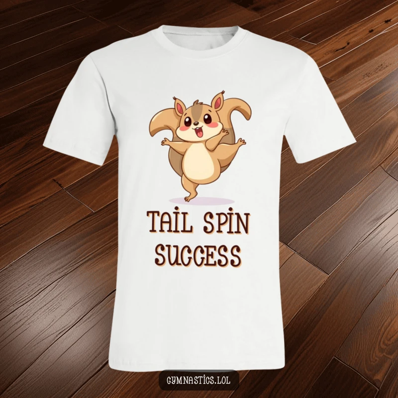 Funny t-shirt with a playfully surprised squirrel doing a cartwheel, its tail twirling rapidly, conveying humorous agility.