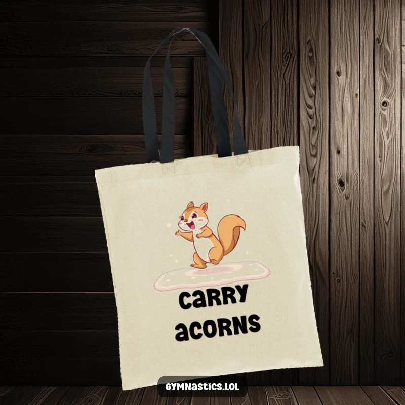 Funny squirrel tote bag showing an excited squirrel cartwheeling on a mat, ideal for carrying essentials with a jolt of playful energy.