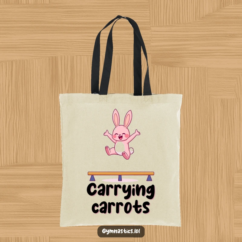 Funny bunny balance beam tote bag with a pink bunny leaping high in the air with arms outstretched, perfect for humorous everyday use.