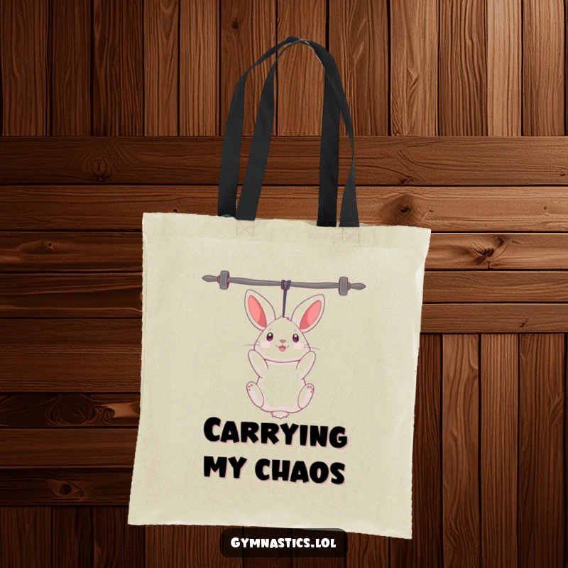 Funny rabbit tote bag showing a curious rabbit humorously hanging upside down from uneven bars, perfect for gym or daily use.