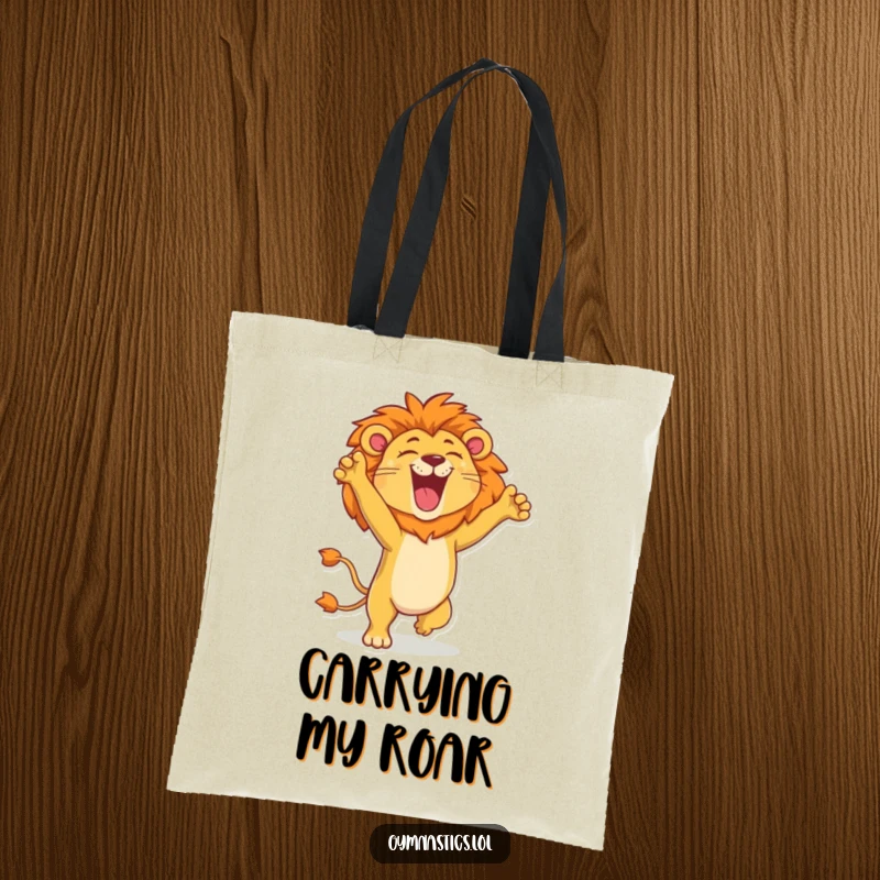Funny lion tote bag designed with a proud lion doing a handstand and roaring with glee, perfect for a bold and humorous carry-all.