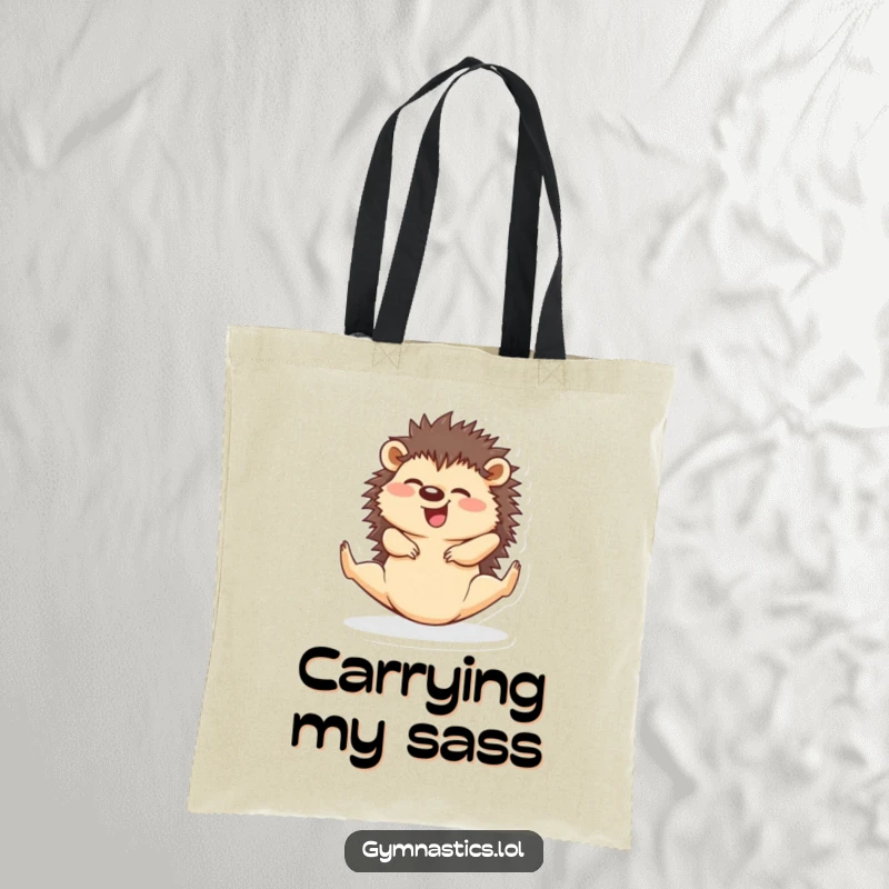 Funny hedgehog in a perfect split on a tote bag, showcasing its amusing flexibility and joy.