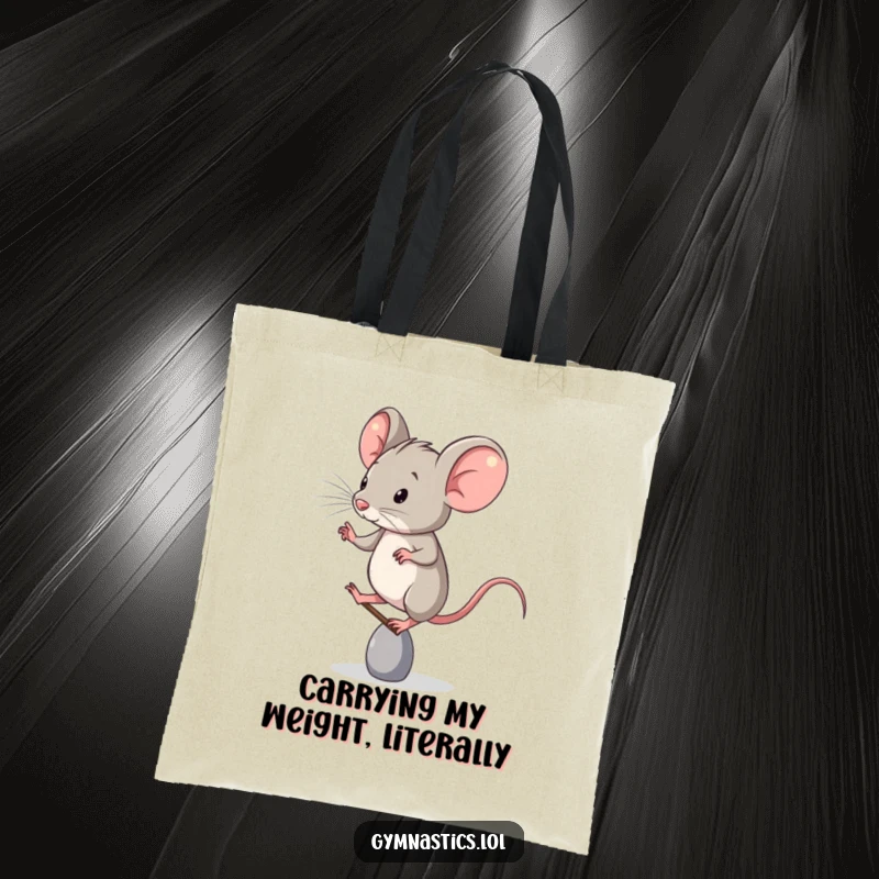 Funny Tote Bag: A determined mouse stands on a single toe, showcasing impressive balance and a comical, focused expression.