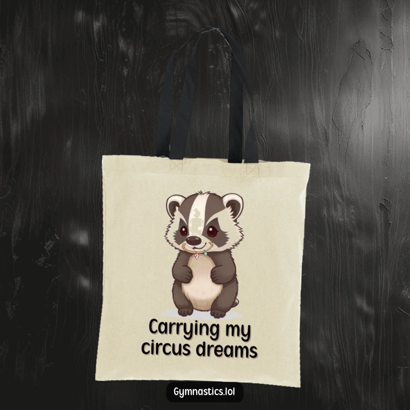 Funny Badger Tote Bag featuring a determined badger expertly balancing a sparkling hoop on its nose, a humorous and practical accessory.