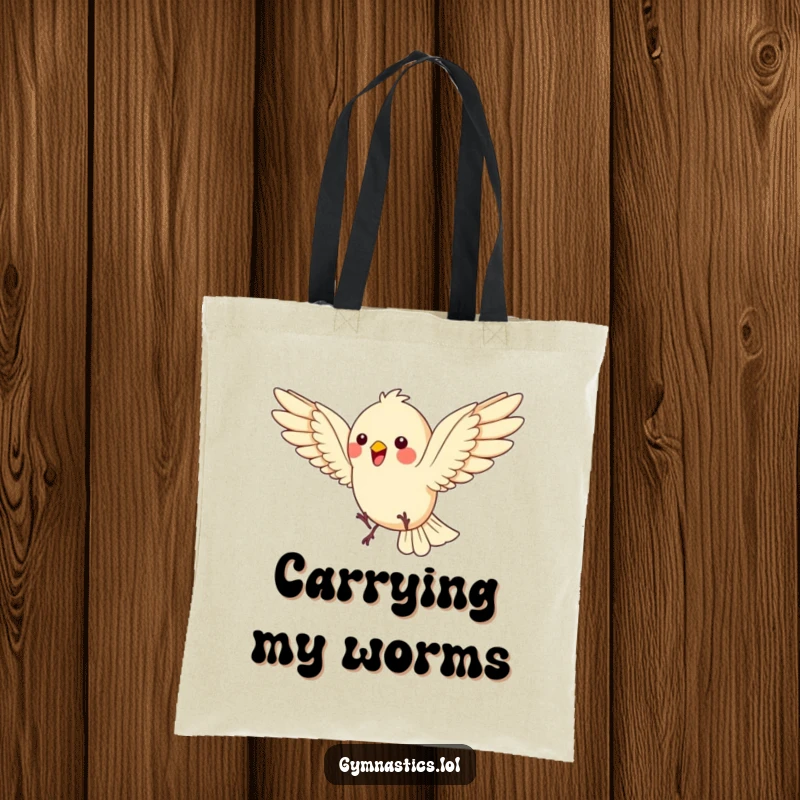 Funny Bird Tote Bag: A bouncing bird does a somersault, wings spread wide, ideal for carrying joy with energy, a fun funny gift.