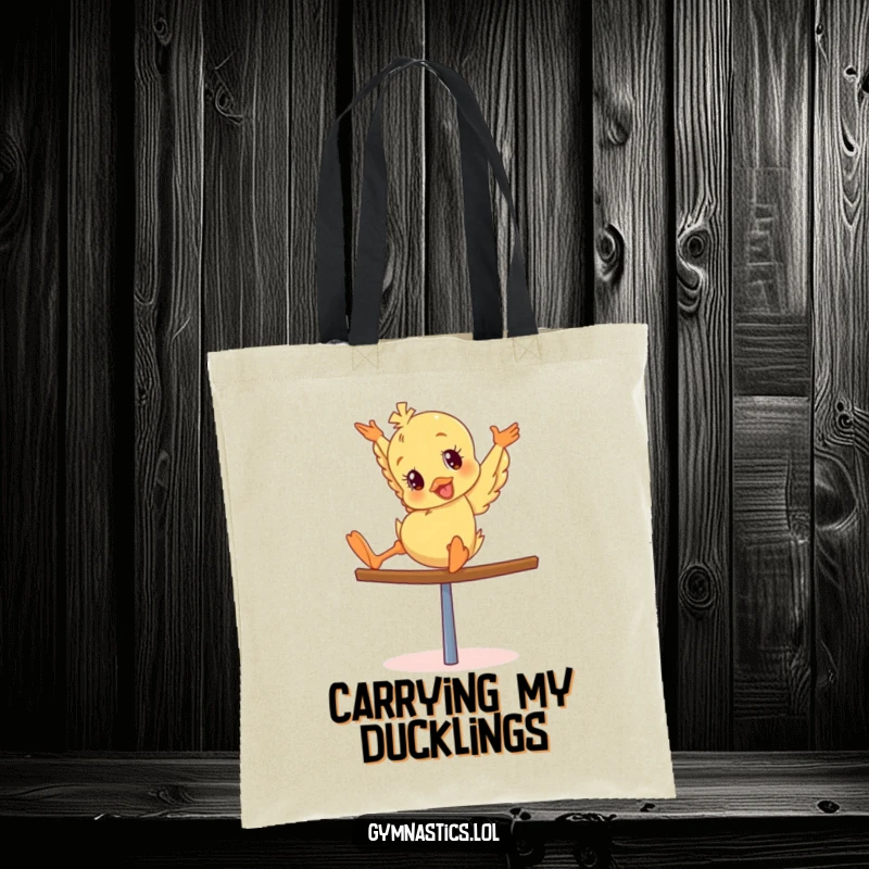Funny Duckling Tote Bag: Giddy duckling in a comical head-over-heels tumble on a balance beam, great for carrying items.