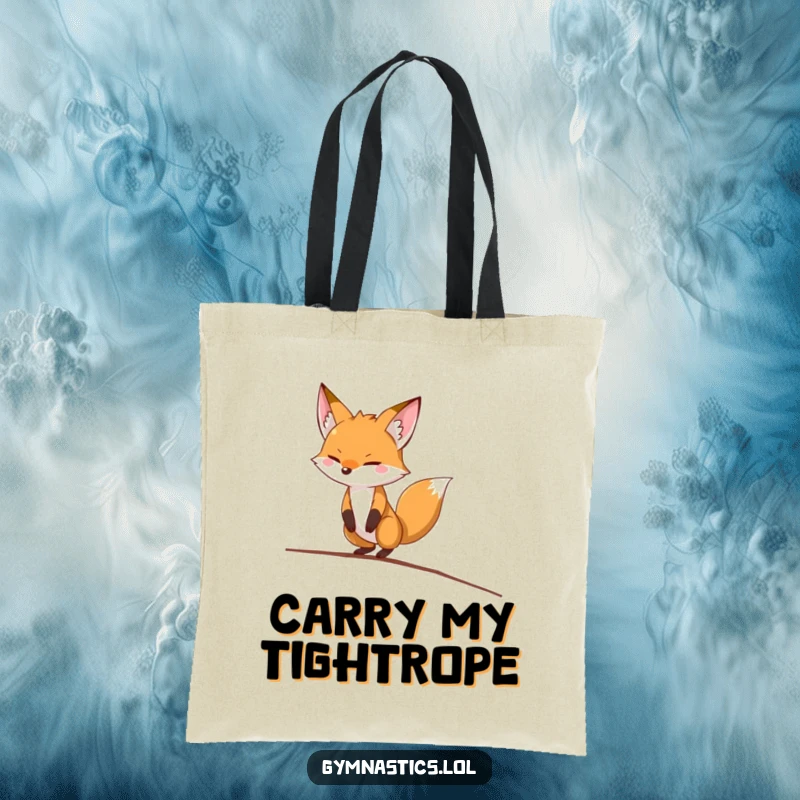Funny fox tote bag showing a determined fox humorously balancing on a thin balance beam, perfect for carrying daily essentials.