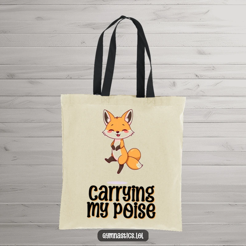 Funny tote bag showing a happy fox standing steady on one tiny foot, a symbol of playful determination and agility.