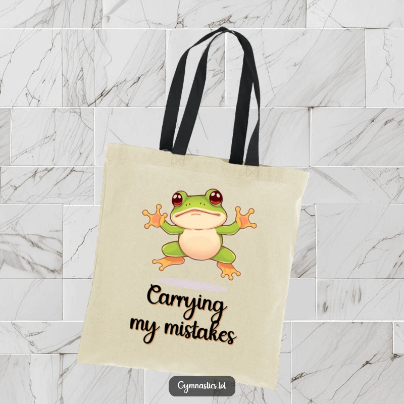 Funny frog tote bag designed with a leaping frog landing awkwardly on its nose, perfect for a humorous and practical carry-all.