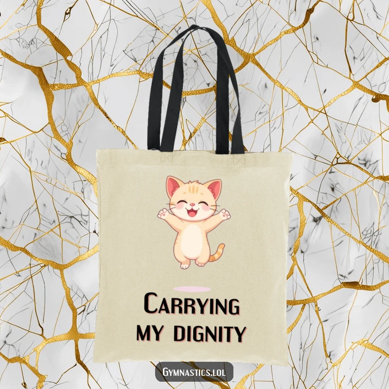 Funny Kitten Tote Bag showcasing a happy cat balancing on a single paw, arms in a graceful pose, a perfect shopper.