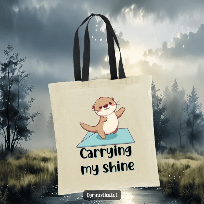 Funny otter tote bag with a graceful otter gliding across a floor exercise mat, arms sweeping, great for carrying athletic fun.
