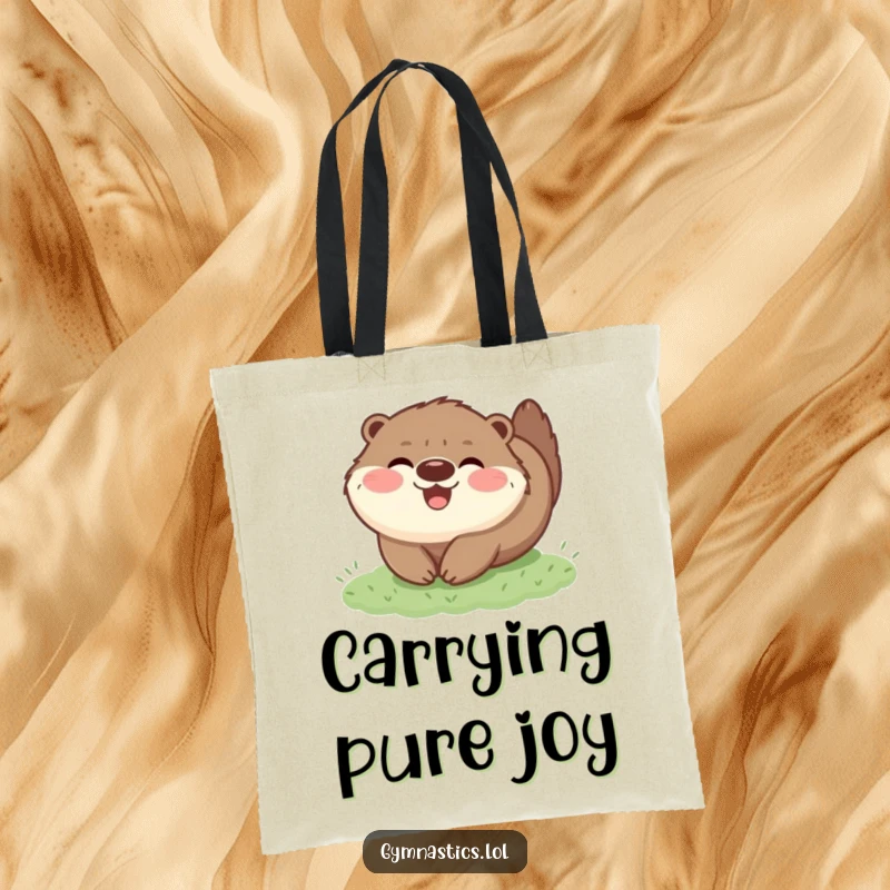 Funny tote bag displaying a happy, fluffy otter mid-tumble on grass, a charming and humorous accessory for everyday use.