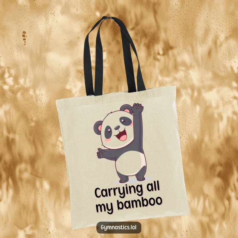 Funny panda attempting a handstand on a tote bag, showcasing its humorous determination.